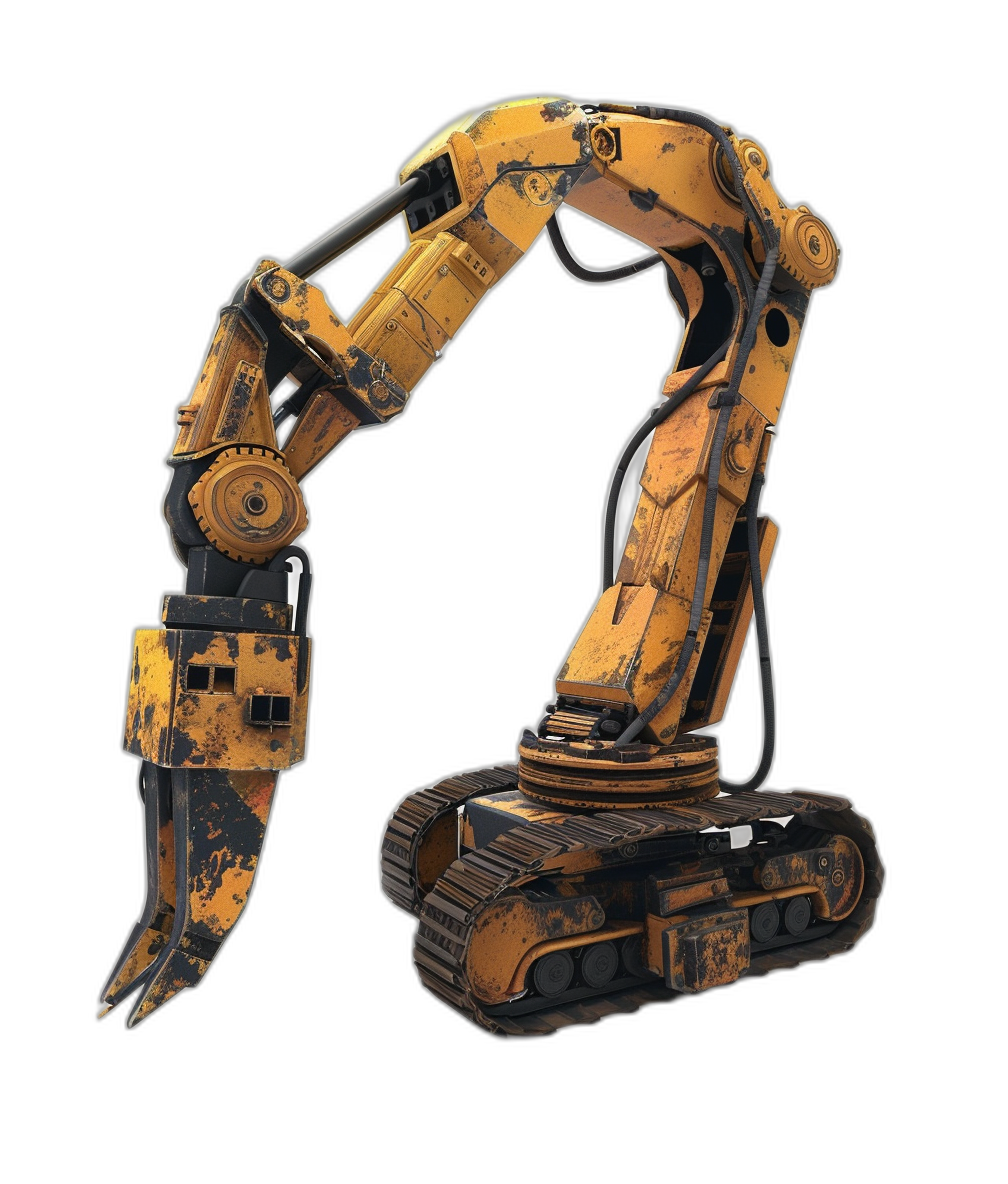 A mechanical arm with an excavator head, in the game icon style, on a black background, in a cartoon style, with low detail. It is yellow and has rust on its surface. The view angle will be from the side. In the front, you can see its entire body.