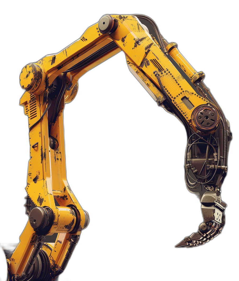 A yellow and black robot arm, the head of which is on top left corner in profile, isolated on a solid background, cyberpunk style, scifi style, 3D rendering, high resolution, high detail, high quality, high definition, high contrast, high sharpness, hyper realistic, hyper detailed, hyper photorealistic, high octane render, high dynamic range, HDR