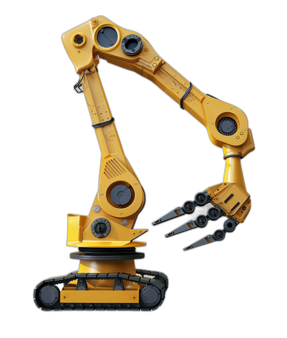 A yellow robotic arm with two circular heads on its end, standing up and holding tools in the air. The robot is equipped with black tracks for movement isolated on Black background , high detail, hyperrealism photography