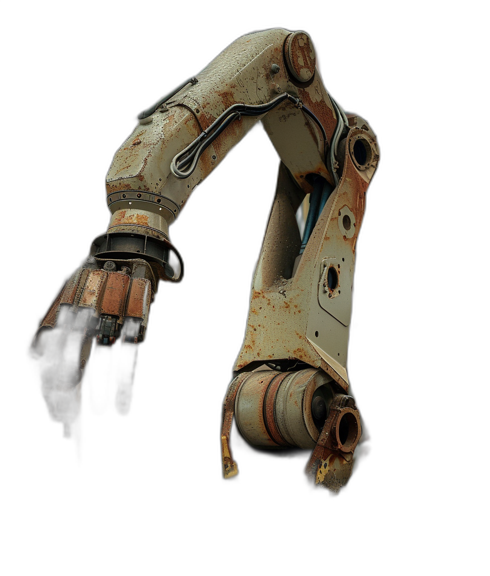 A robotic arm, rusty and old-looking, on a black background, in a 3D game art style, in a cyberpunk dystopia, with rtx on, painted illustrations, with dark, white and light amber colors, with industrial machinery aesthetics.