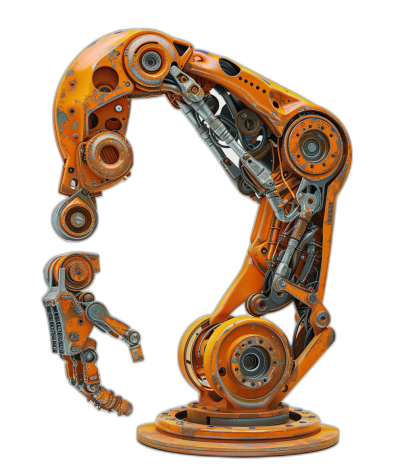 The robot is shaped like the letter "F", orange in color, with a mechanical structure made of metal materials and gears. It has multiple arms that can reach out to touch surrounding objects. Black background, high resolution photography, and detailed details. The image is in the style of high resolution photography.