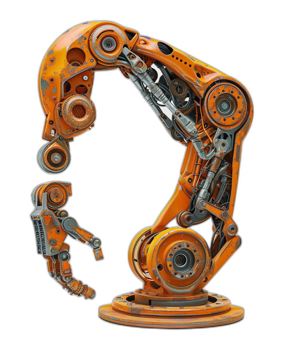 The robot is shaped like the letter “F”, orange in color, with a mechanical structure made of metal materials and gears. It has multiple arms that can reach out to touch surrounding objects. Black background, high resolution photography, and detailed details. The image is in the style of high resolution photography.