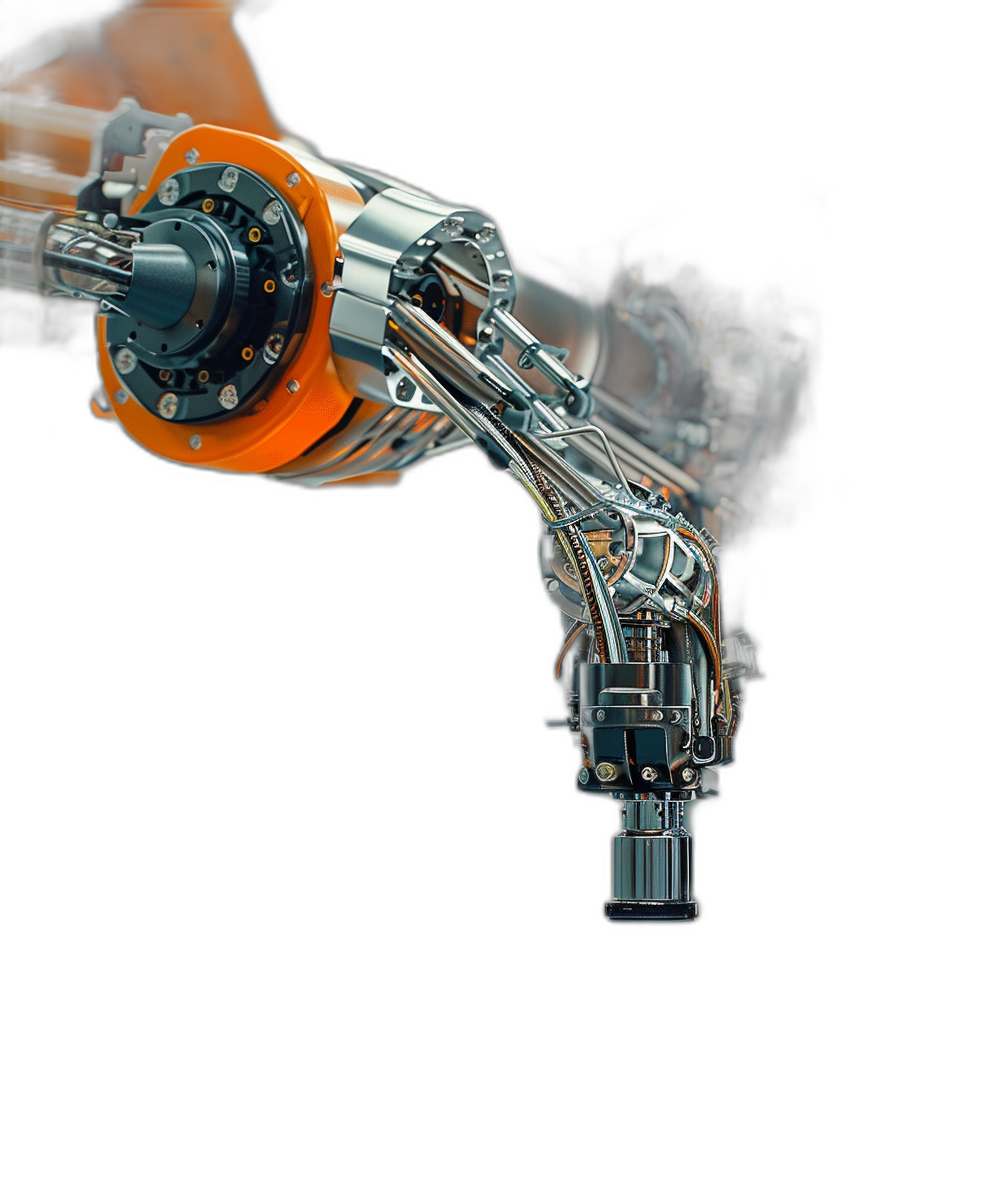 a robotic arm with orange and silver color, on black background, side view, high resolution photography, hyper realistic, detailed mechanical parts, focus is sharp and in the center of frame, depth of field