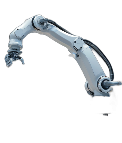 A robotic arm with white color, on a black background, the focus is centered on robotic arms in the style of industrial design, with robotic parts in a futuristic style, showing mechanical precision, robotic arms in action, for product photography on a simple background with dark lighting, featuring hyperrealistic details and clean sharp focus with professional studio lighting, isolated on the left side of the screen without shadows, in a wide angle shot, with photorealism in an ultra realistic, high resolution style.