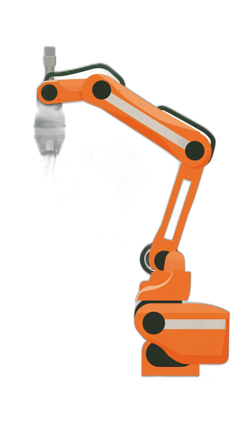 An orange robotic arm with a simple vector graphic style on a black background. The simple design uses minimalistic vector graphics with simple lines and shapes for a minimalist illustration for kids. The robot is depicted in profile view holding an industrial tool. It has two arms and its head consists of three white lights. There is no text or shading on the screen. The style is in the style of minimalist vector graphics.