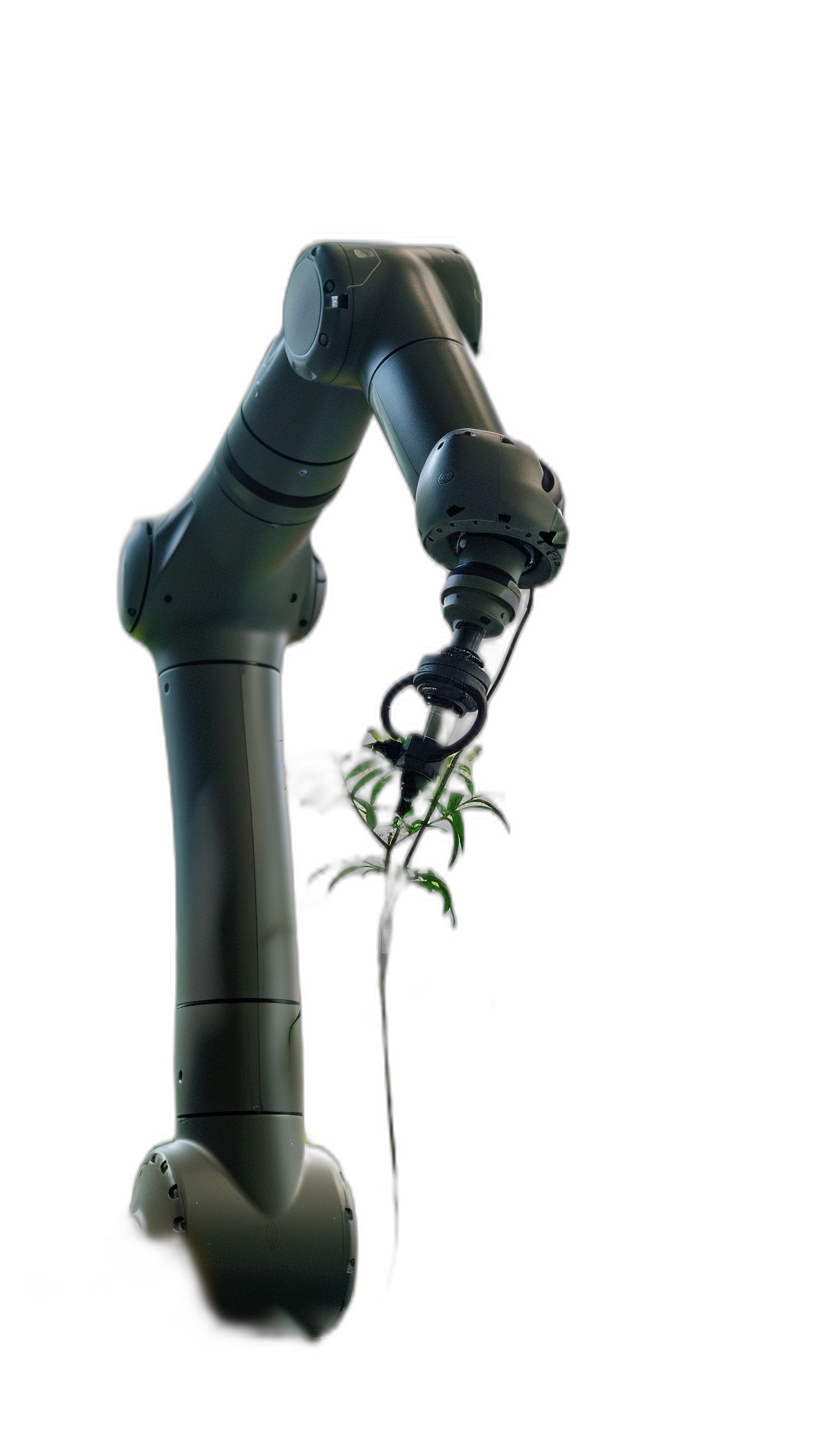 Photo of an industrial robot arm holding a green plant, on a black background, in the style of hyper realistic photography.