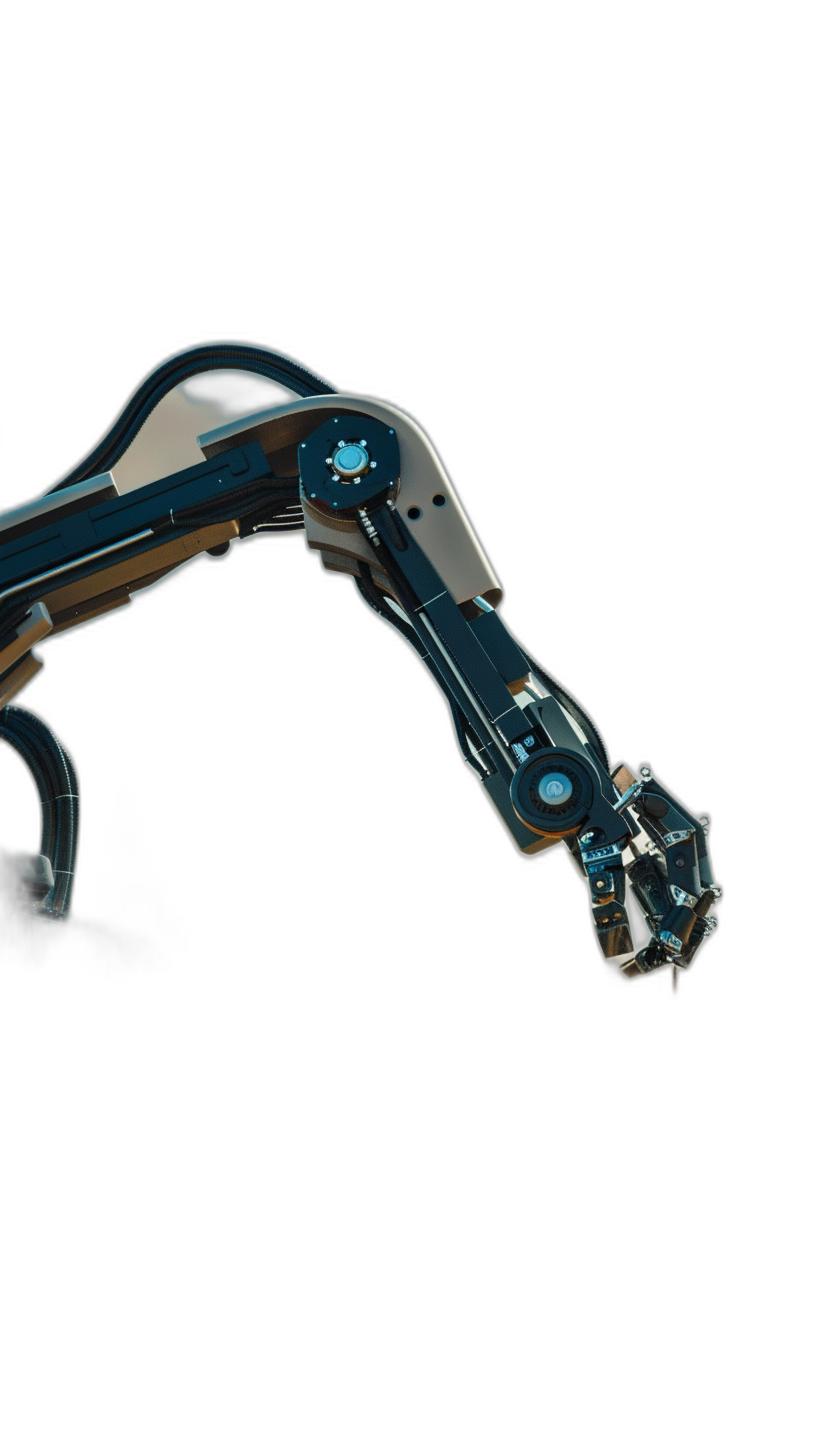 3D rendering of a robotic arm on a black background, in a low angle shot, with a minimalistic design featuring blue and silver details, using translucent materials, created in the style of Unreal Engine.