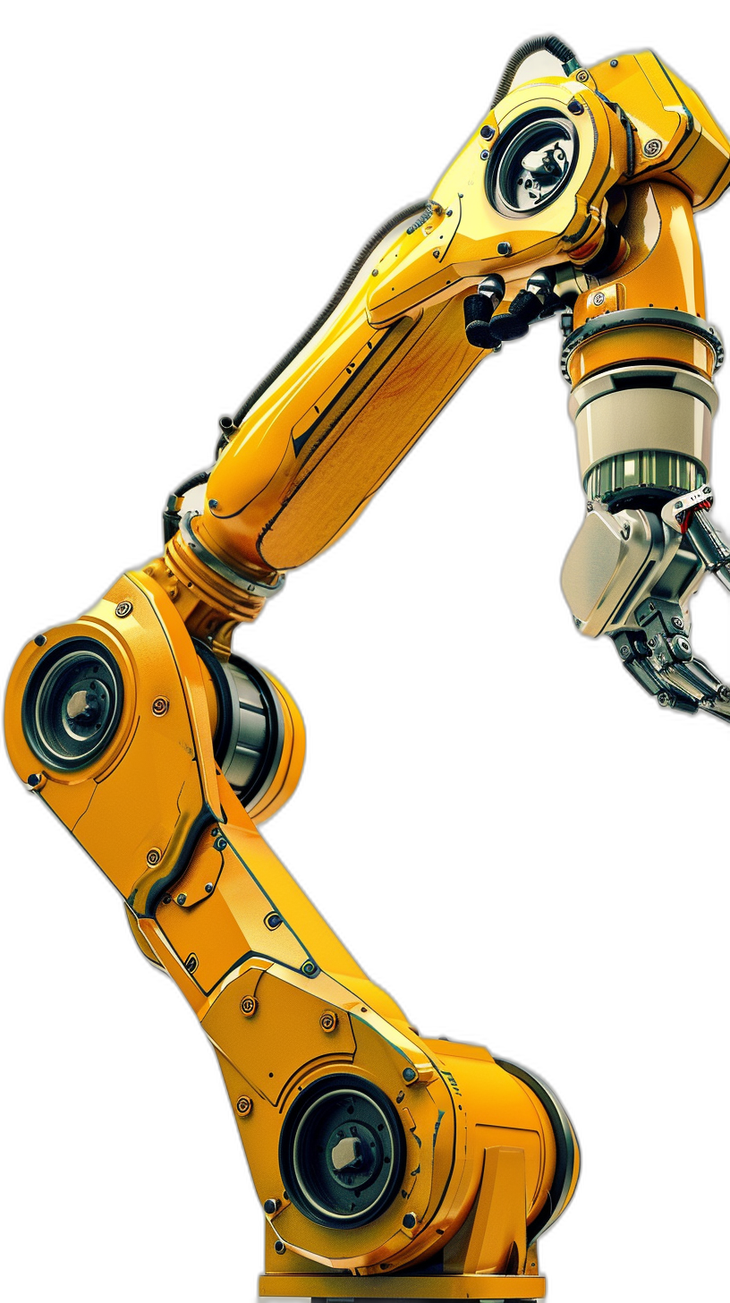 A yellow robotic arm, with its right hand raised and holding an industrial lens on the left side, is depicted against a black background. The robot’s mechanical structure exudes power from every part of its body, showcasing sharp edges and metallic textures that give off futuristic vibes. It stands tall in front of you, ready to carry out various tasks, focusing on its face.