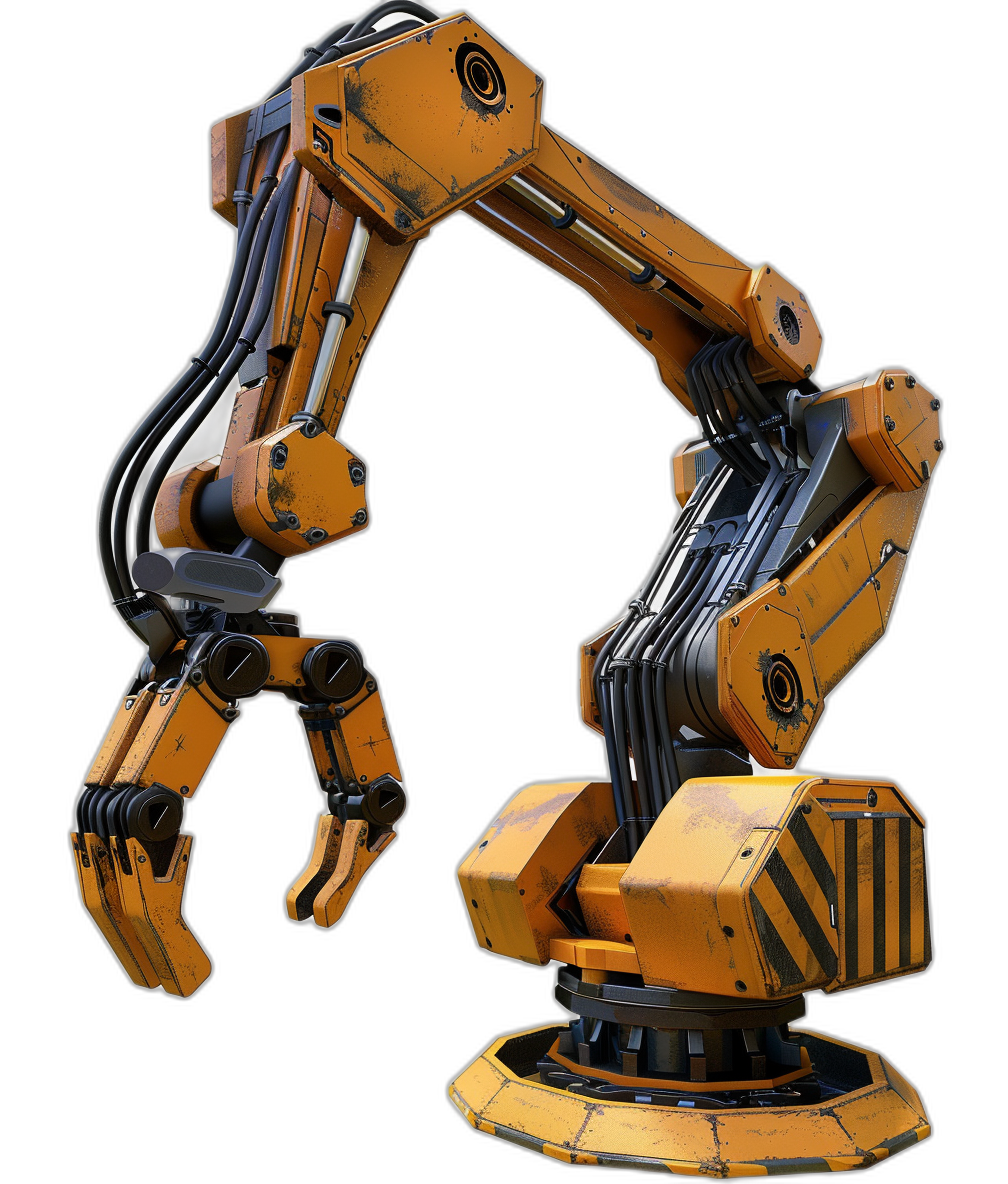 A robotic arm with an industrial design in the style of concept art, on a black background and with an orange and yellow color scheme, as a 3D render with high resolution for use as a game asset or game texture.