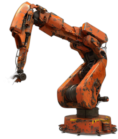 A robotic arm, orange in color with rust and dirt on it, 3D rendering against a black background, viewed from the side.