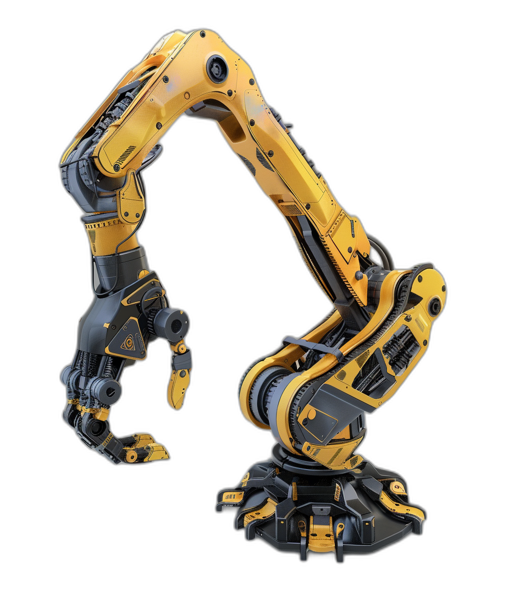 3/4 view, black background, yellow and gray cyberpunk robot arm in the style of cyberpunk with realistic details, on top is an industrial robotic claw for picking parts from above