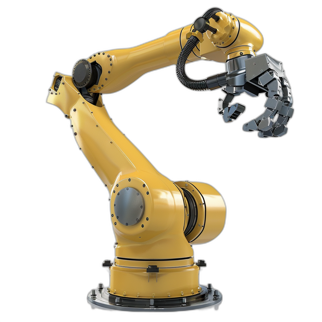 yellow industrial robot arm on black background, isolated