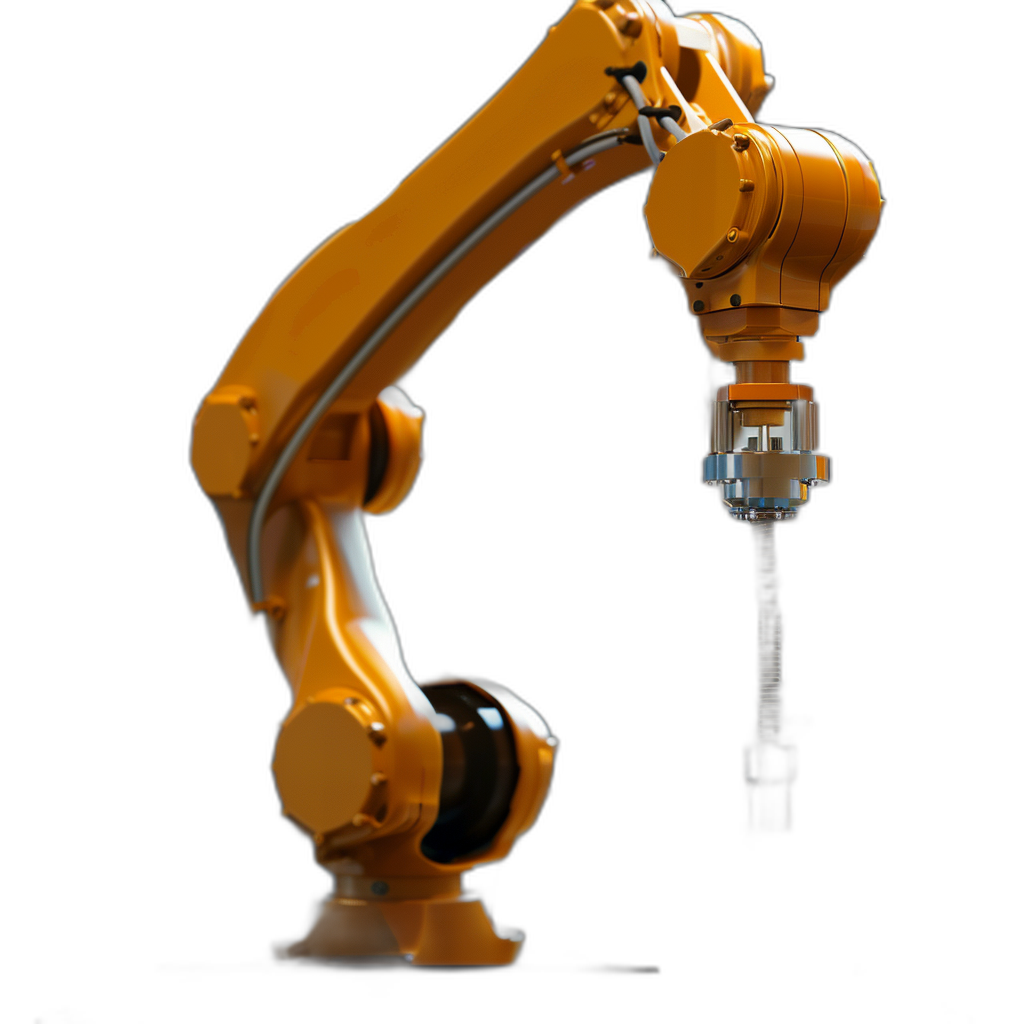 photo of an industrial robot arm, yellow color on black background, side view, closeup, photorealistic, high resolution photography