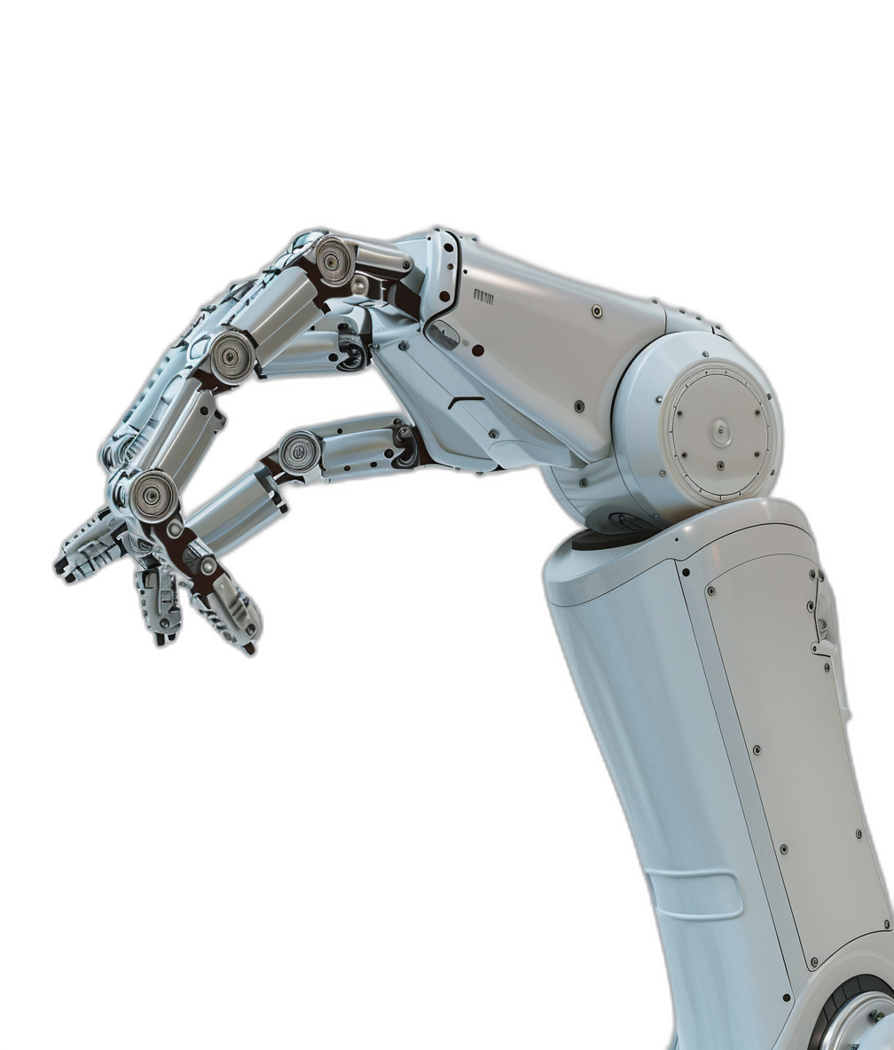 A robotic arm, white metal material, right hand holding something in the air, black background, high resolution, hyper realistic photography style, side view