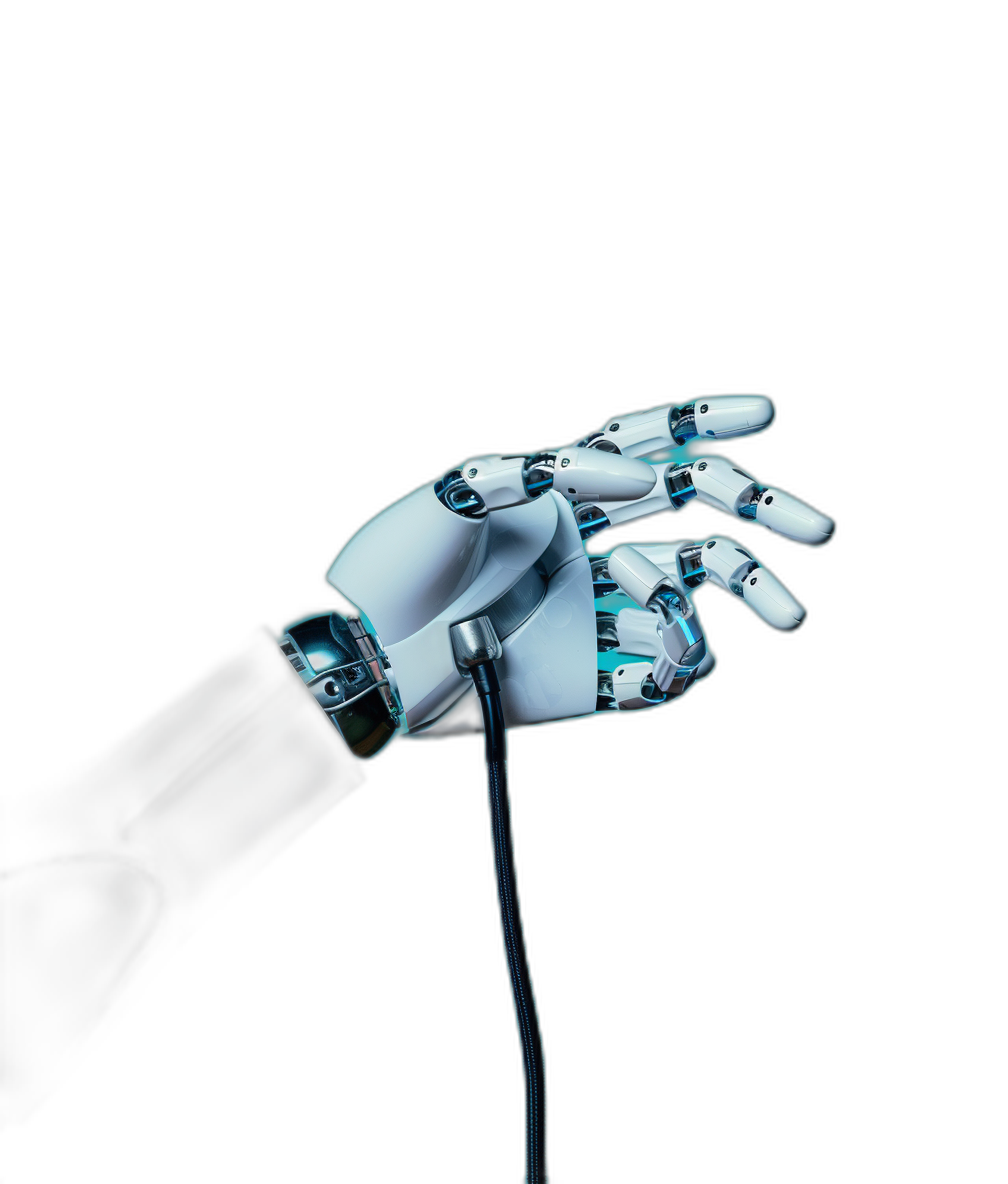 Photo of an AI robot hand holding a computer cable, isolated on a black background, with high detail, in the style of hyperrealism, stock photo, in a photorealistic style, with studio lighting, cinematic style.