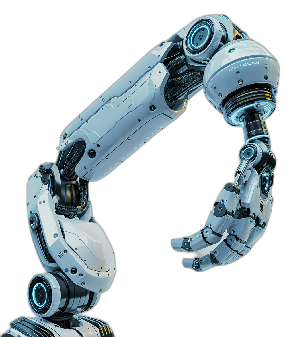 A robotic arm with a white metal texture, high resolution, high detail, 3D rendering, on a black background, full body shot, in the style of scifi, game art design, threequarter view, front lighting.