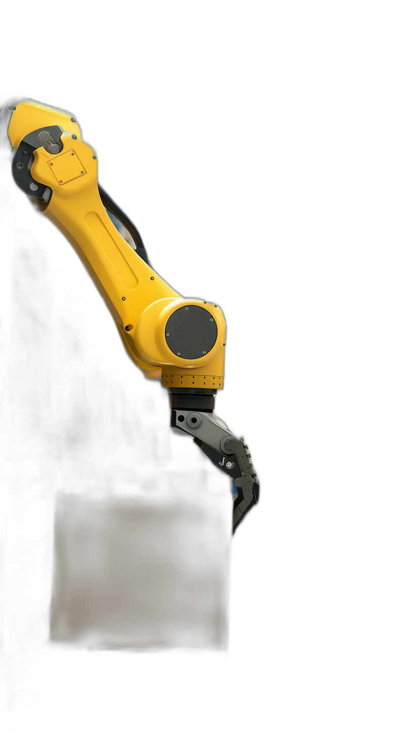 A yellow robotic arm on a black background, holding a display with a dark screen in a side view, captured with high resolution photography. The robotic arm is depicted in the style of side view photography.