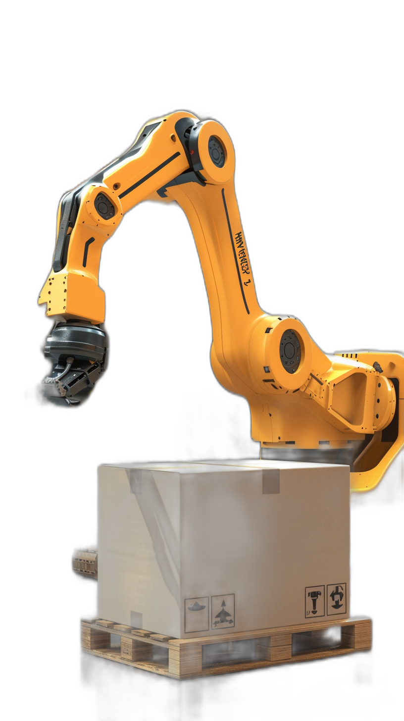 A robotic arm is lifting and stacking boxes on pallets with a black background in a 3D rendering with high resolution. The robot is yellow in color, holding the box at an angle of about one. The design has an Acid style, with a sense of technology and innovation. There should be some brand logos or stickers on it to emphasize its industrial nature. In addition, there is another brown wooden crate next to them, adding depth to the scene.