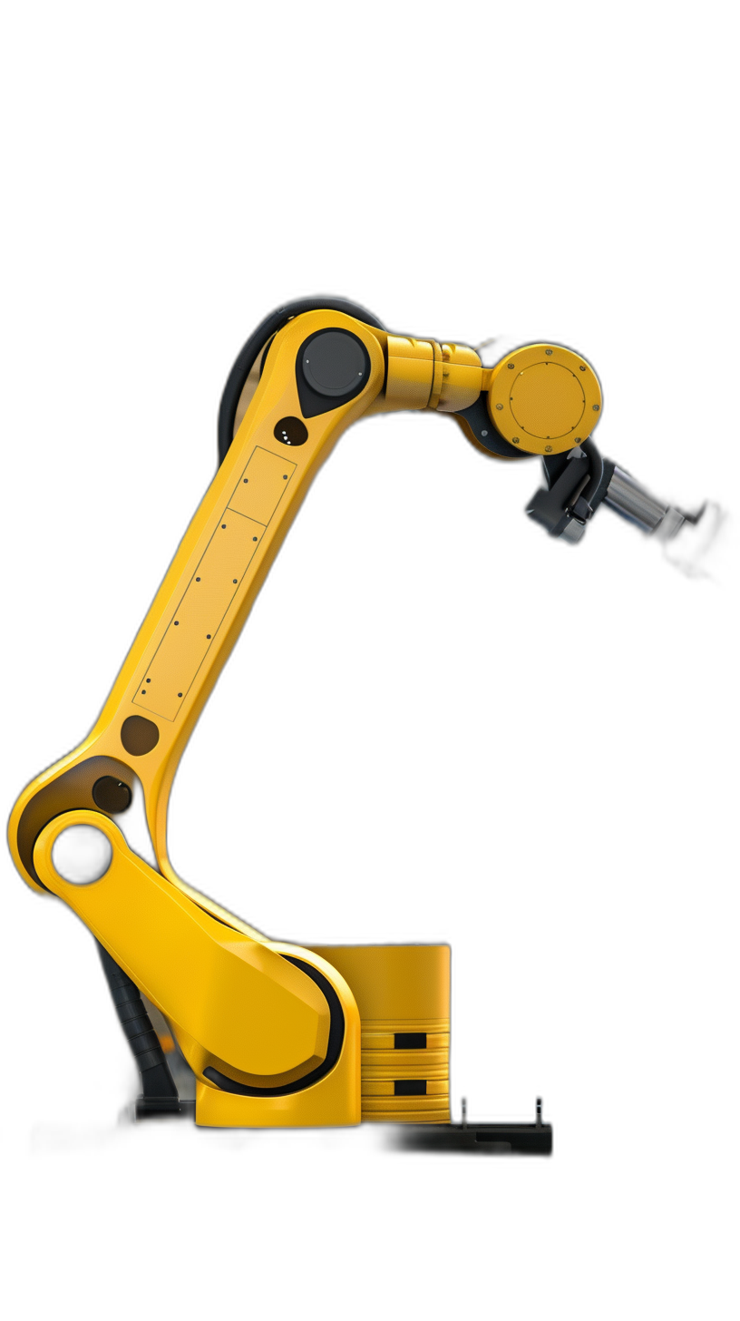 yellow robot arm, side view, black background, high resolution photograph. The image shows a yellow robot arm in the style of side view against a black background, captured with high resolution photography.