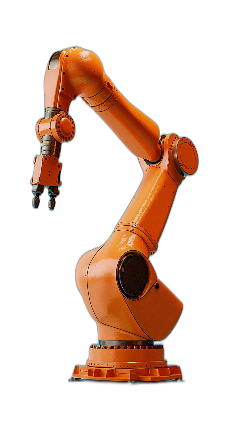 industrial robot arm, orange color on black background, 3/4 view angle, in the style of high resolution photography