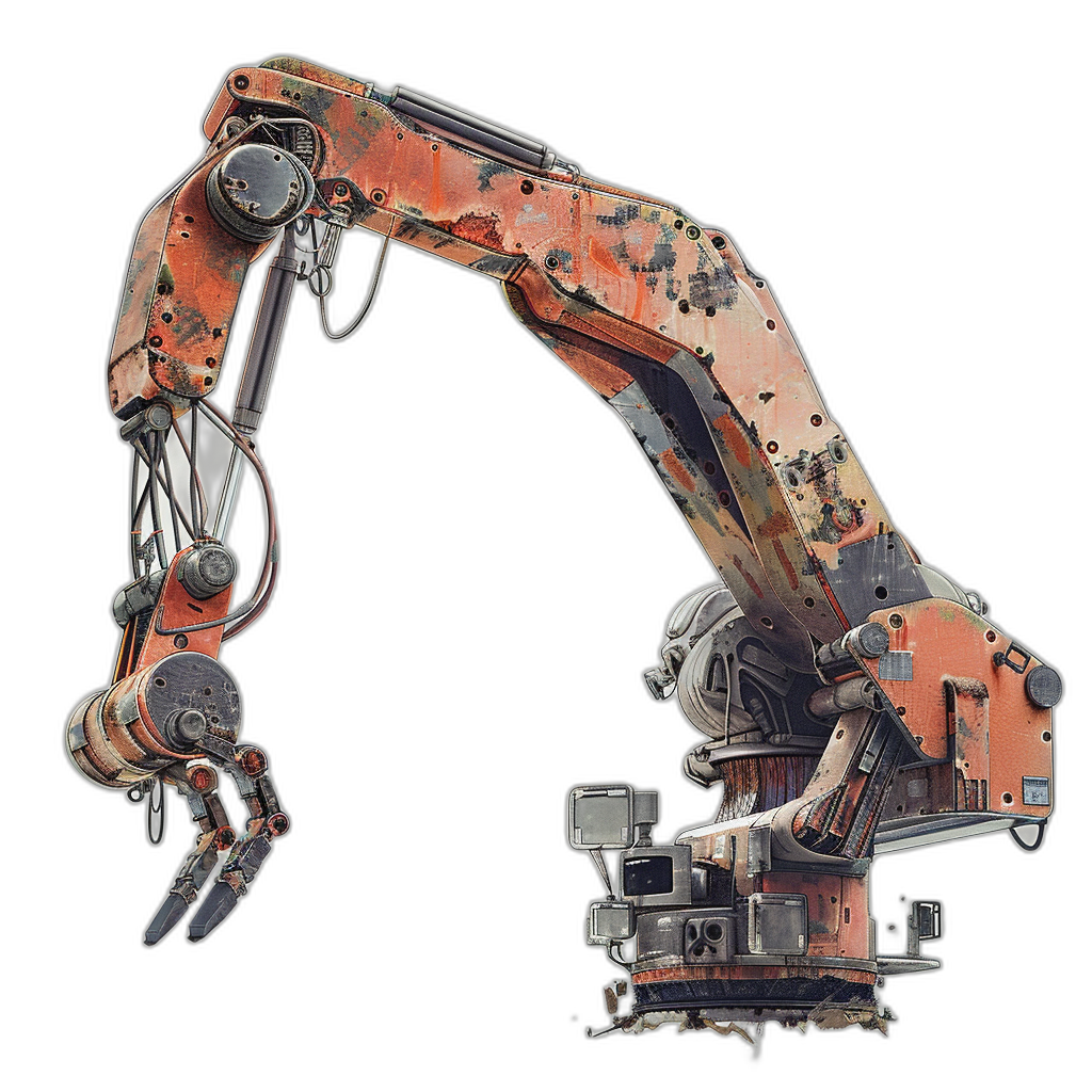 A large industrial robot arm, made of rusted metal with some dents and scratches. The hand is extended upwards in the style of hyperrealistic illustrations, on a black background, and in a cut/ripped style.