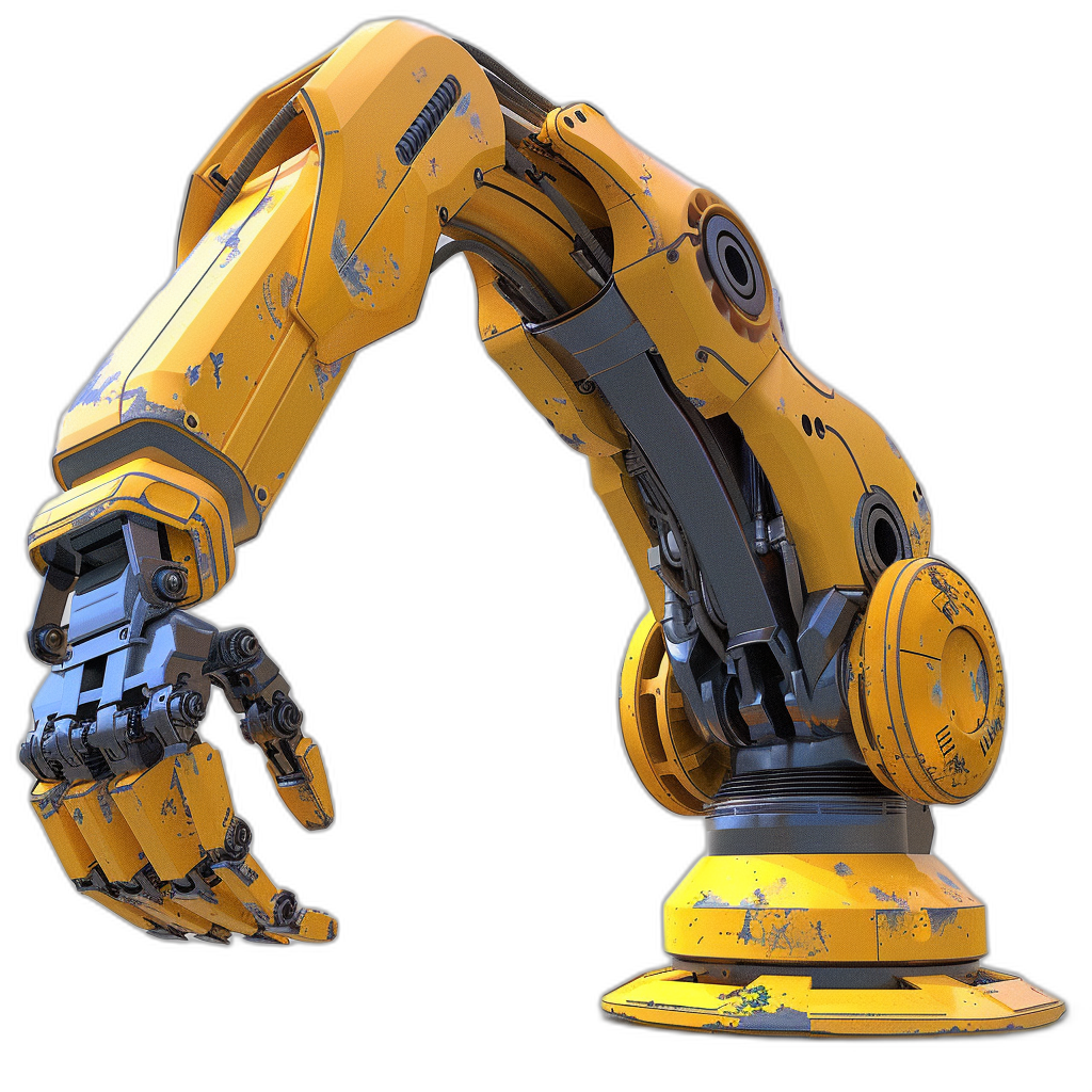 3/4 view of a yellow and black mecha robotic arm in the style of scifi on the left side of an industrial robot with four arms and three hands, on a solid background, in the cyberpunk style, 2d game art, with a 50 mm lens, no blur, in the dark colors of the cyberpunk style, high resolution, high detail, hyper quality, hyper realistic, hyper detailed.