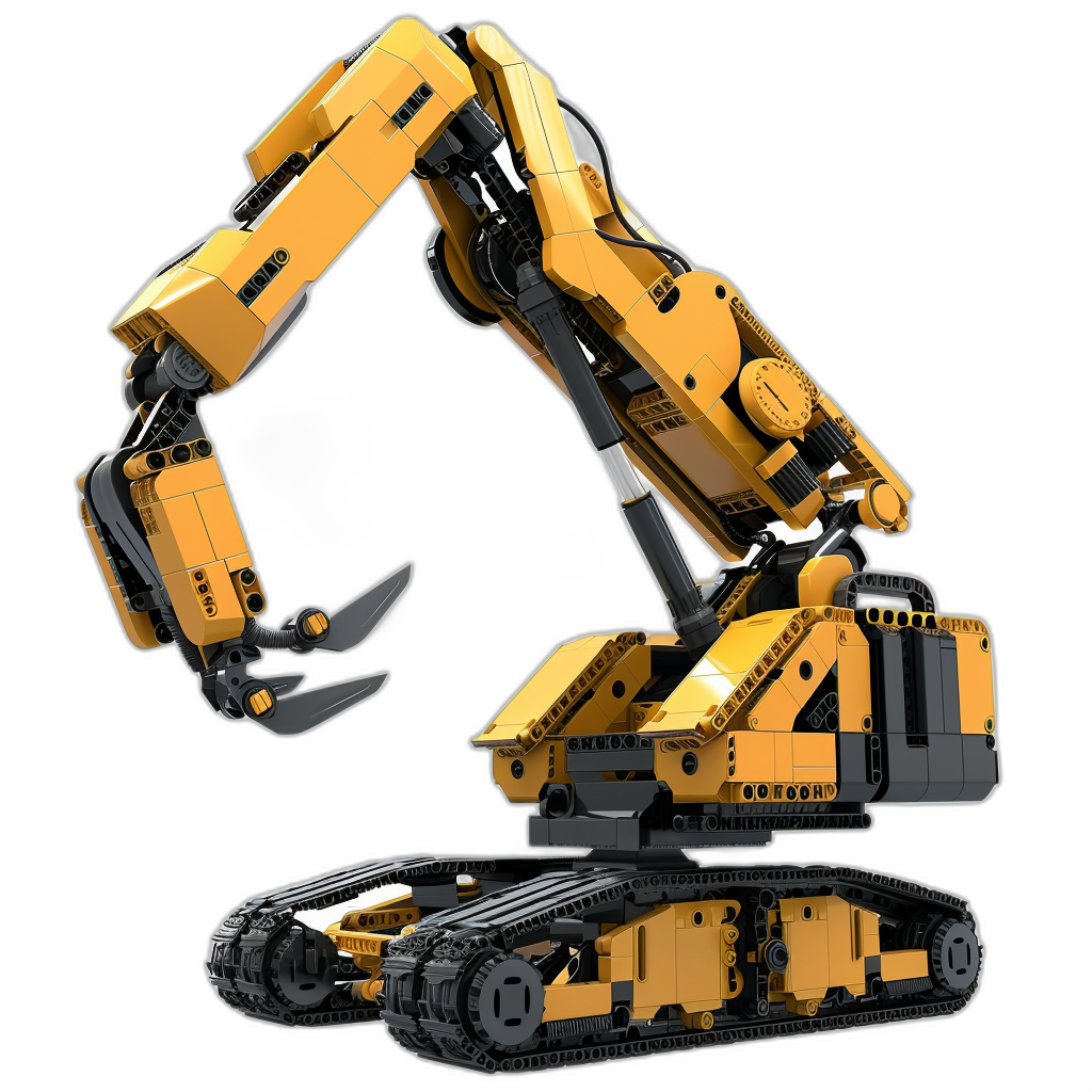 3D render of a yellow construction excavator in the style of Lego with a black background.