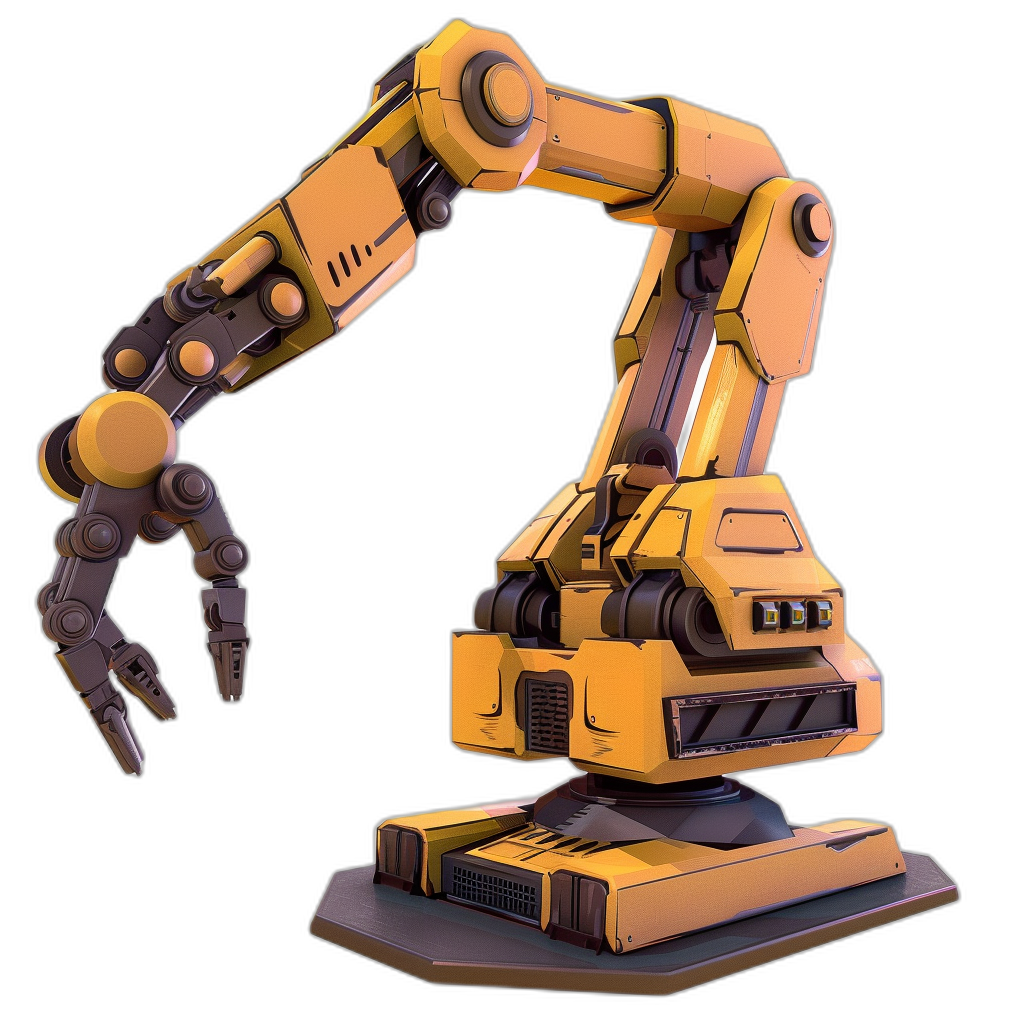 A robotic arm game asset design in the style of a cartoon on a black background with a 3D rendering at a high resolution, quality, and detail level with a hyper realistic isometric view and a yellow and brown color scheme with high contrast and strong lighting effects seen through a wideangle lens.