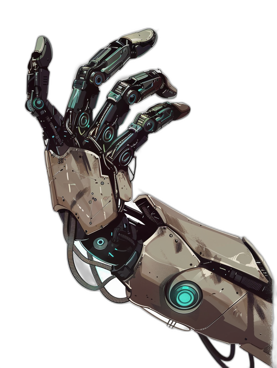 An illustration of an arm reaching up with the hand in a robotic style. The gauntlet has some metal and black plastic parts with green lights on it. The background is a solid dark grey. The design is in a vector art style. The character’s pose looks like he just cast his right finger in the style of a porcelain doll to make a pointing gesture towards the viewer. High resolution, high quality, high detail.