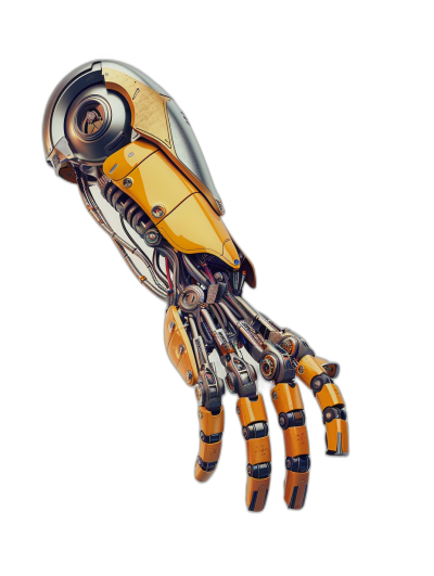 A robotic hand, in yellow and orange colors with details on the palm, on a black background, in a futuristic style, in the scifi style, hyperrealistically detailed.