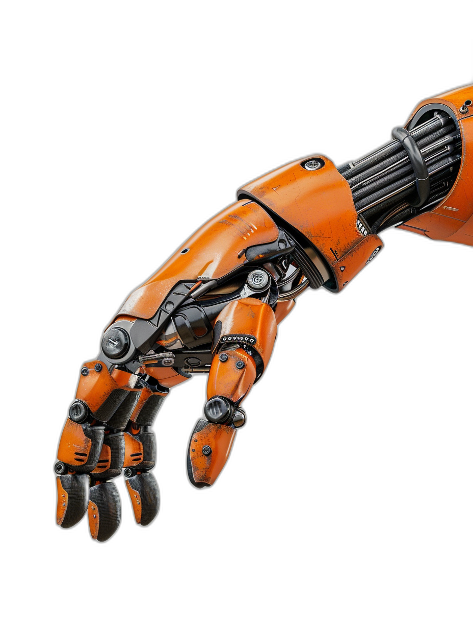 A robotic hand with orange color and black background, showing the palm of its right arm in front view, with metal parts visible inside, designed by Peter Tarka, photorealistic, studio photography, high resolution, high detail, sharp focus, high quality