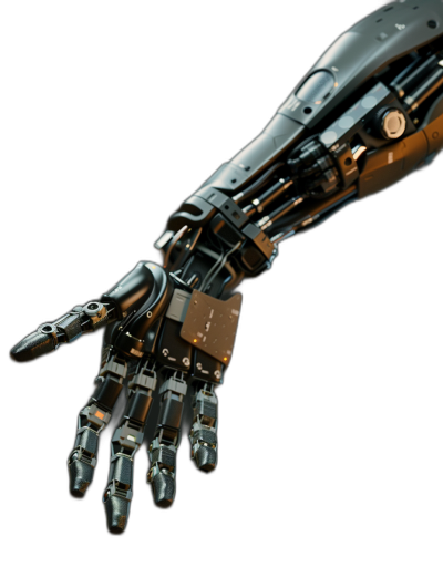 Close up of the hand and arm of an advanced robot against a black background in a hyper realistic style.