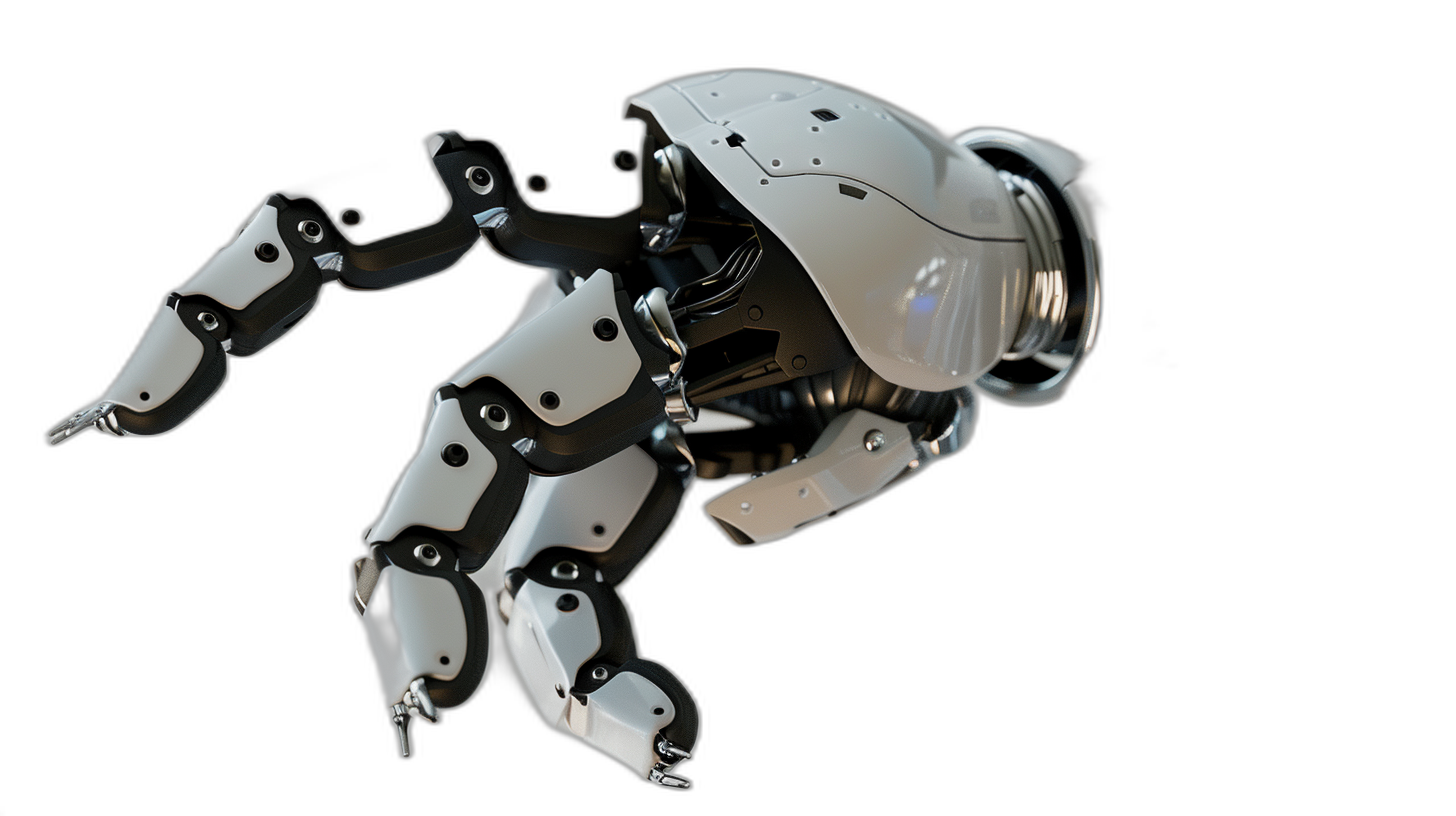 3D rendering of a robot hand in the air against a black background, shot from a low angle, in a dynamic pose, with a white and silver color scheme, rendered in a photorealistic style.