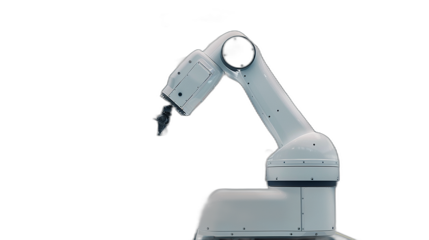 Photo of a white robot arm on a black background, highlighting the sleek design and advanced technology of modern industrial robots for warehouse work, in high resolution photography.