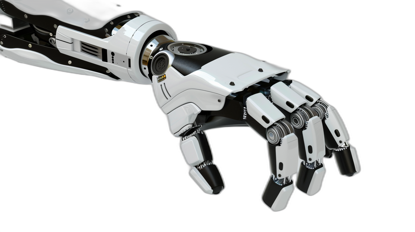 3d render of robot hand on black background, closeup view, white and silver color with details