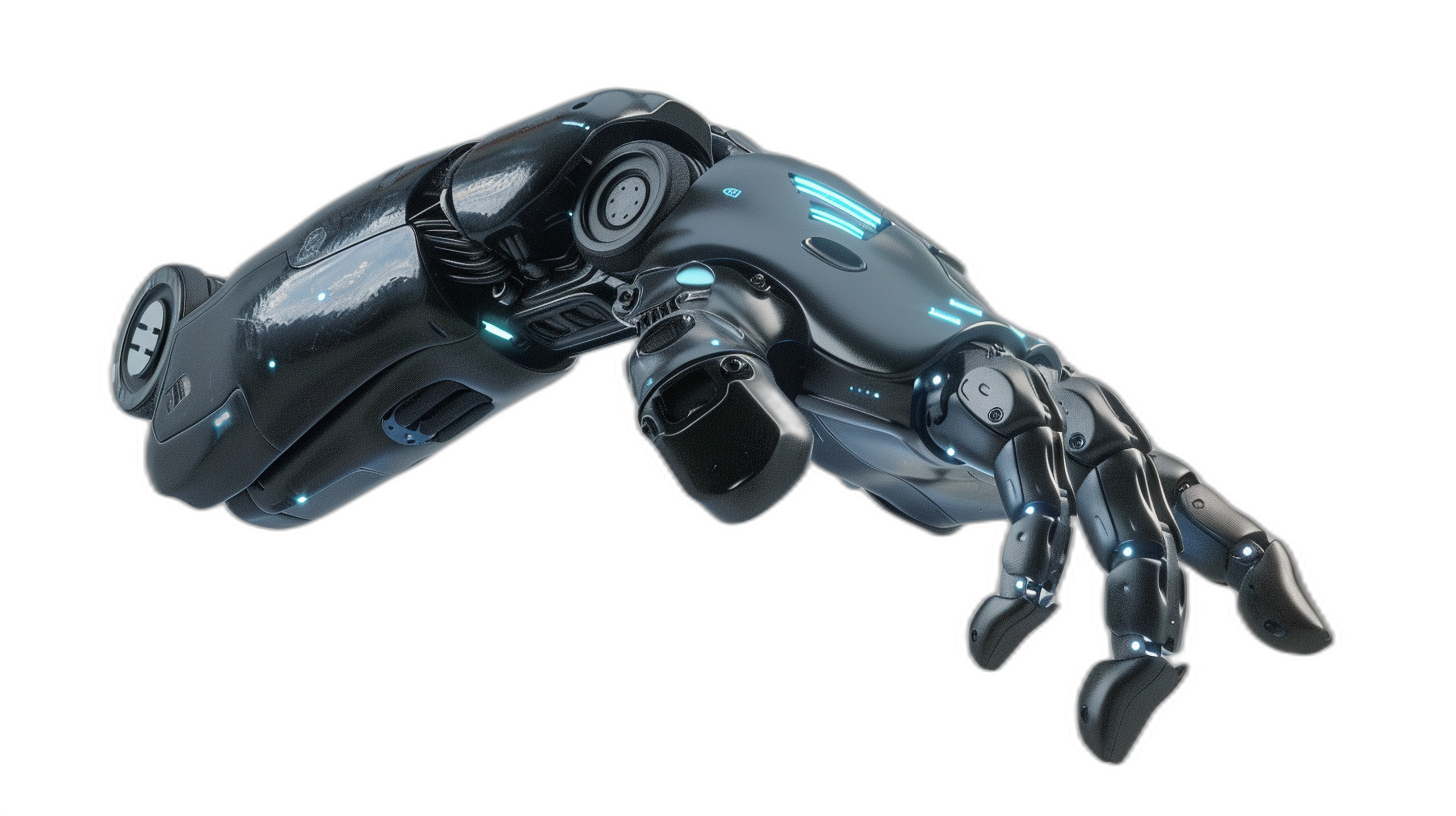 3d render of cyberpunk robot hand with black background, isolated, futuristic design, cybernetic arm, robotic skin, high resolution, futuristic concept art, cyber cartography, futuristic tech aesthetic, cyber security theme, blue and silver color scheme, black lighting, black shadowing, high detail