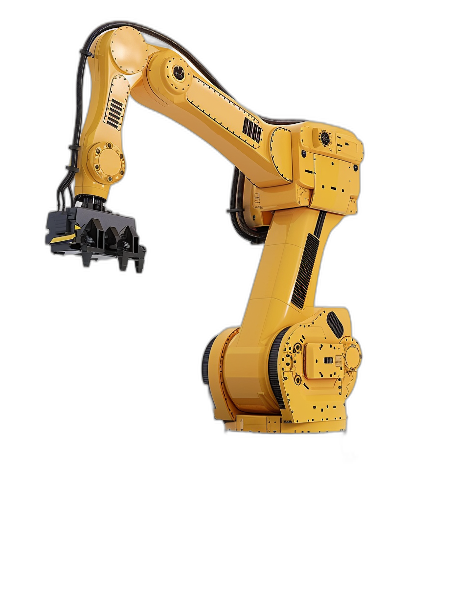 yellow industrial robot arm on black background, side view, 3d render illustration, high resolution photography, insanely detailed, fine details, isolated plain, stock photo quality