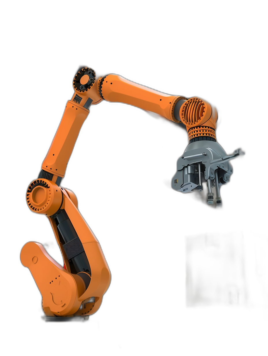 Photo of an industrial robot arm on a black background, with orange and grey colors, in the style of hyperrealism, with high resolution photography, insanely detailed, fine details, isolated plain, stock photo, professional color grading, award winning photograph