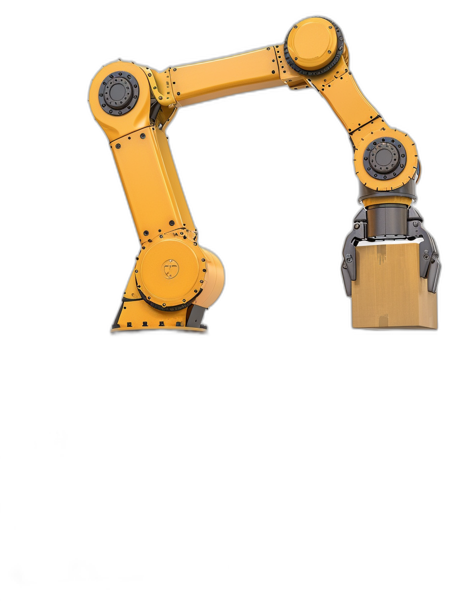 A yellow robotic arm holding an industrial box, side view, vector illustration, black background, no shadows, 2D style, in the style of no shading detail, high resolution, 30k