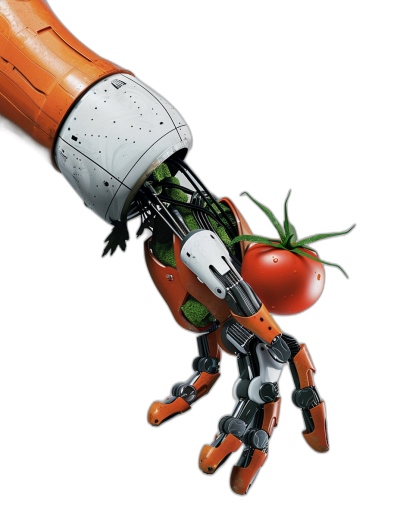 A robotic hand holding a tomato, detailed illustration in the style of [Moebius](https://goo.gl/search?artist%20Moebius) and [Craig Mullins](https://goo.gl/search?artist%20Craig%20Mullins), on a black background, high resolution vector.