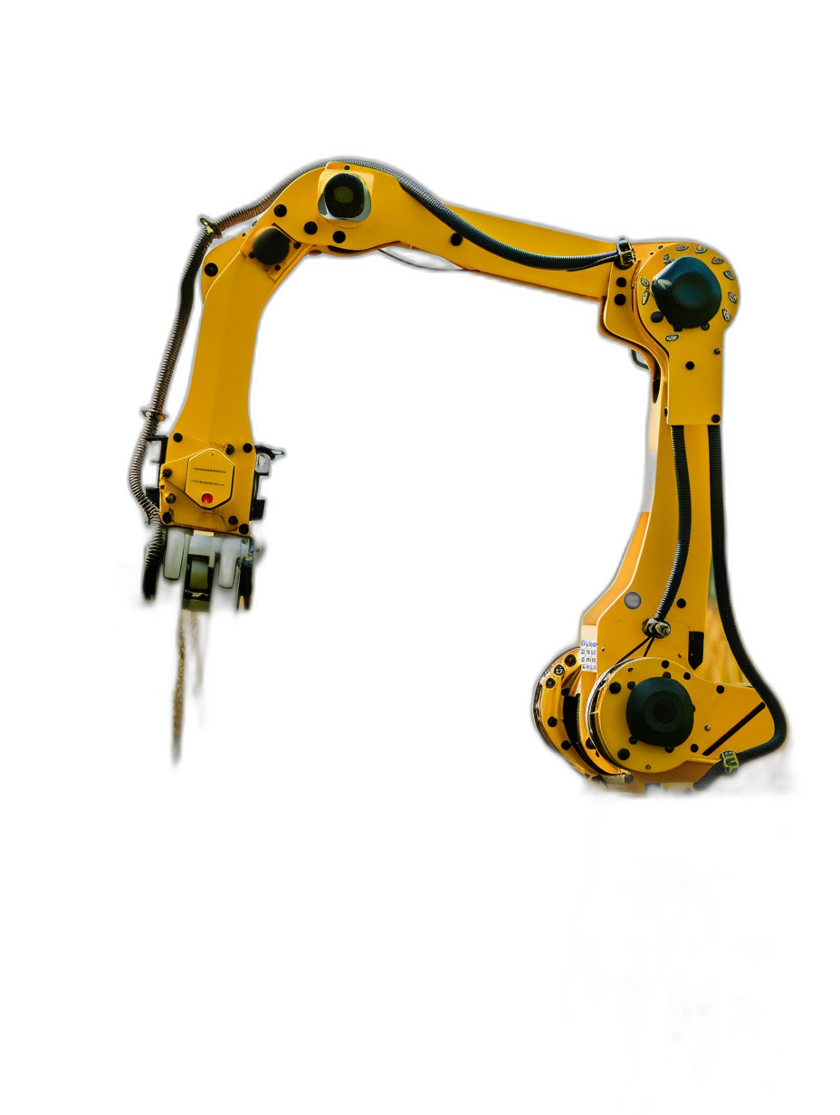 yellow and black, high resolution photo of an industrial robot arm against a dark background. The photo is in the style of an anonymous artist.