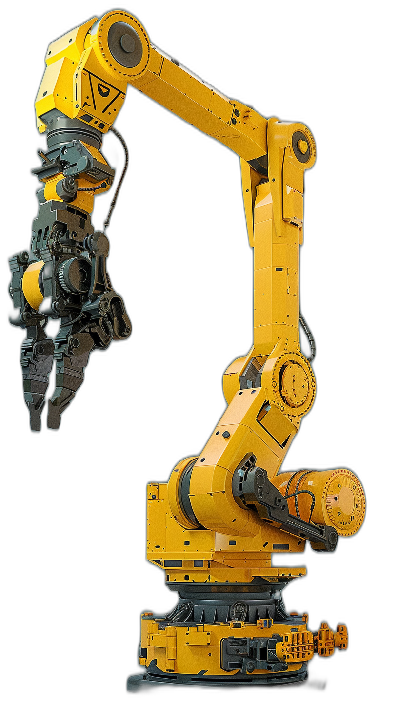 yellow and black robot arm on the side of an industrial machine, solid dark background, hyper realistic photography