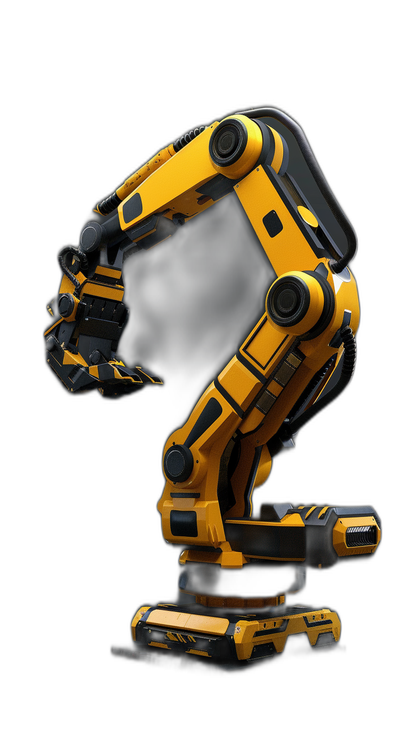 A yellow and black robotic arm on a dark background, in the style of a hyper realistic photo.