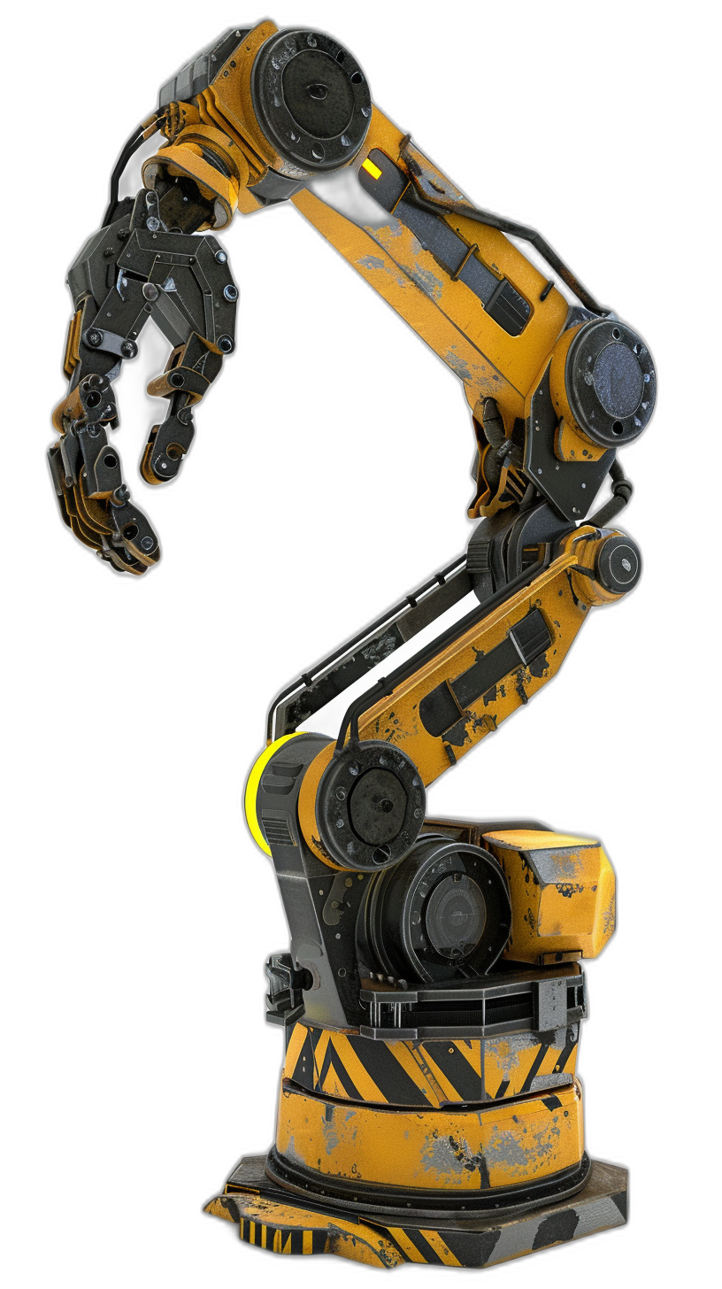 A yellow and black mechanical arm, full body, in the style of cyberpunk, black background, with a scifi feel, industrial design, robotic arms in action, in the style of industrial machinery, 3D rendering, high resolution, high detail, high quality, super realistic, super detailed, high definition.