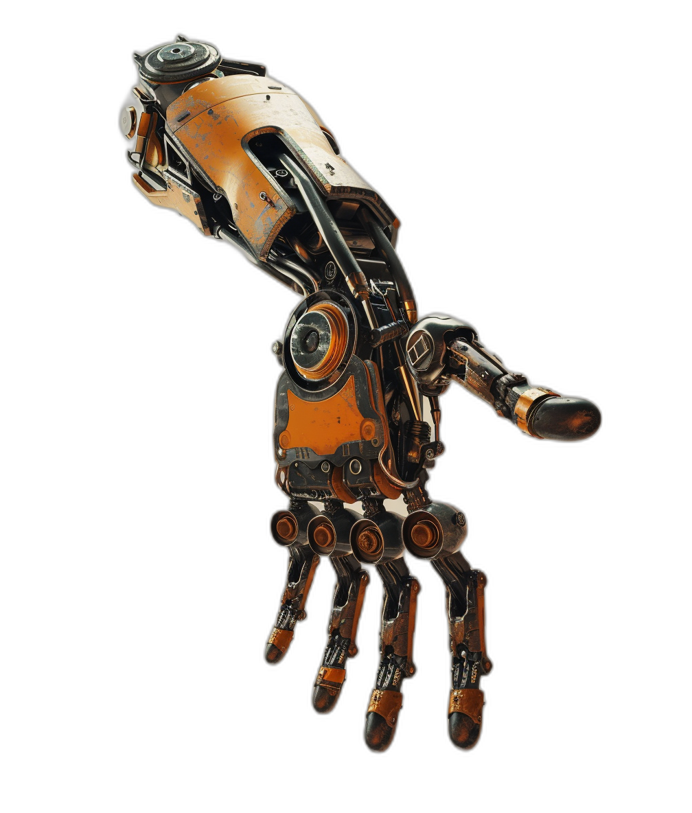 A robot hand, mechanical structure, metal material, orange and black color scheme, on the palm of your left arm is an open finger with a button at its tip that can be pressed by fingers or hands. Black background. Full body perspective. High resolution.