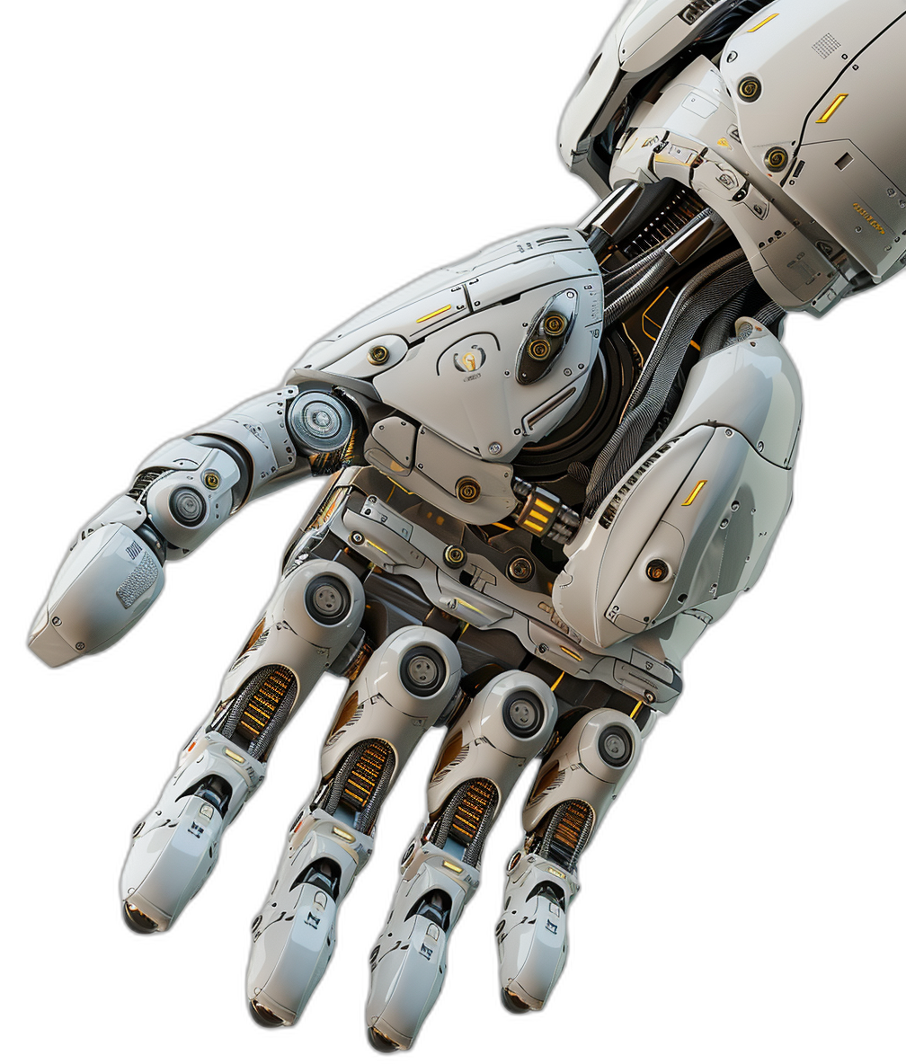 A white robot hand with a black background in the style of cyberpunk style, scifi futuristic technology, hightech robotic arm design, three-dimensional metal material and mechanical structure on the palm surface, high resolution details, metallic texture, realistic rendering effect.