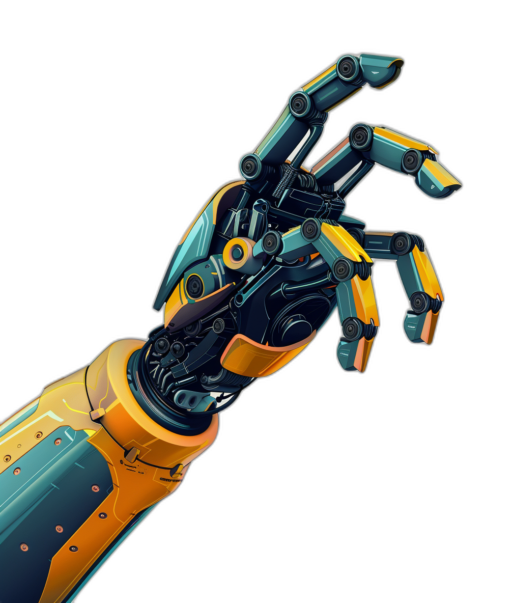 3/4 view of a cyberpunk robot arm in yellow and blue colors with orange details holding out his hand on a black background, in the vector style.