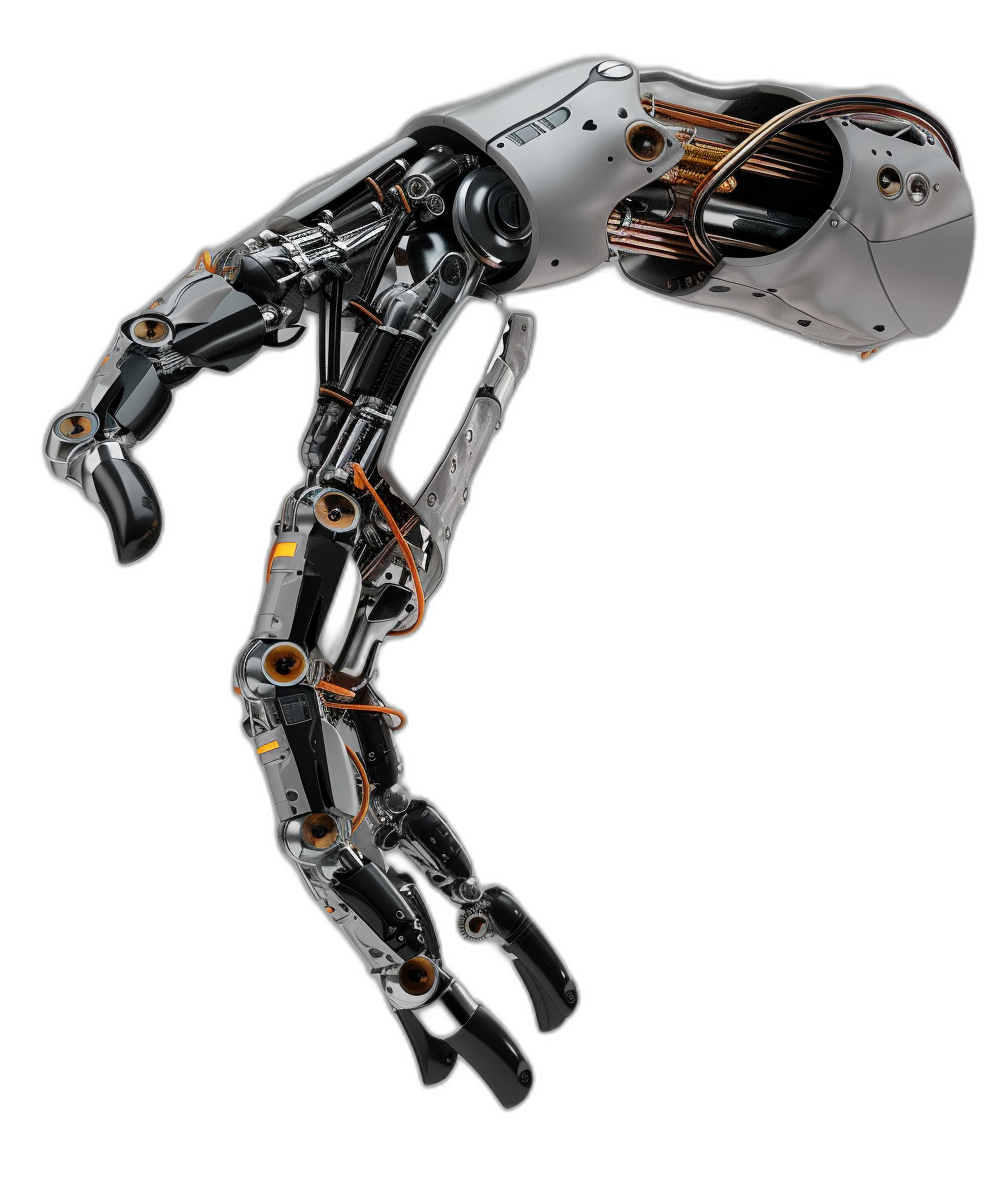 A robotic arm, scifi style, made of metal and plastic material, has one hand in the air with its palm facing upwards, featuring black background and orange accents. It is presented from an overhead perspective, showcasing intricate details and high resolution. The robot’s precision movement adds dynamic energy to the composition. High definition photography captures every aspect of his design, making it visually stunning.,,in