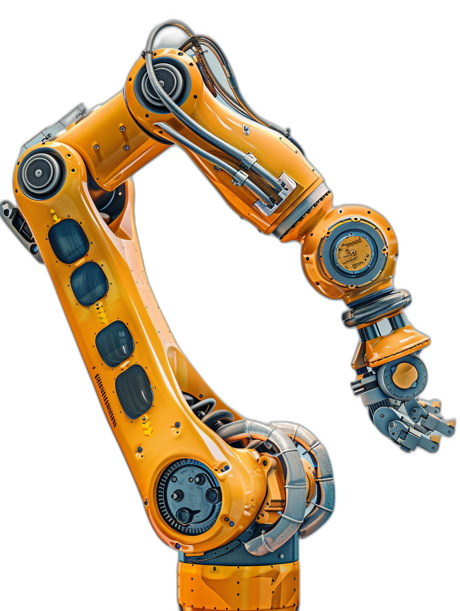 a yellow and silver robotic arm on black background, high resolution, high quality, high detail, digital art of a mechanical robot hand with orange body ,