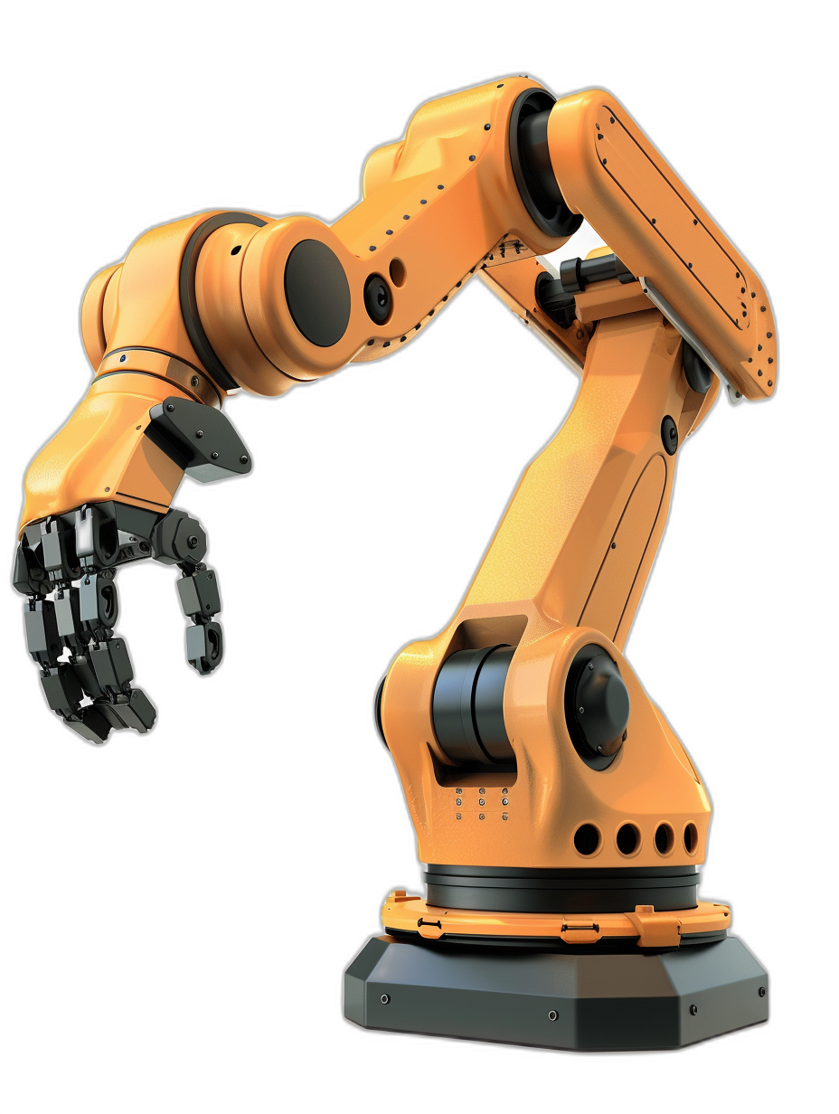 A robotic arm, isolated on a black background, with a simple design in an industrial style and orange color, is a 3D rendering with high resolution, high quality, and high detail. It is rendered in a hyper realistic, photorealistic style with high sharpness and high contrast under studio lighting with soft shadows. There are no grainy textures or text in the scene.